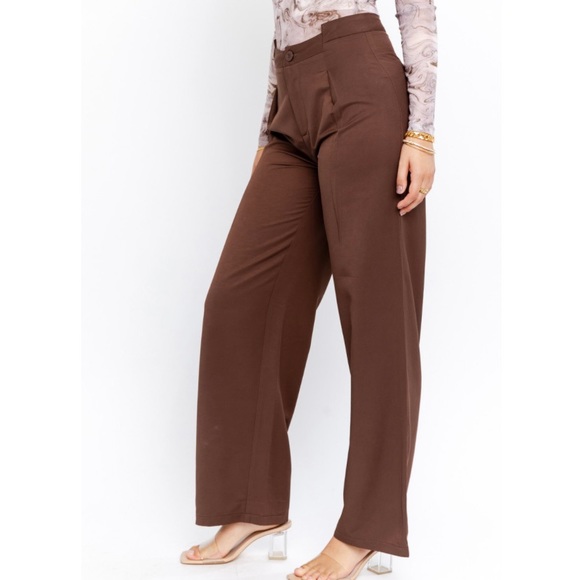 Le Lis Brown Pleated Wide Leg Long Pants, Large - Picture 3 of 7